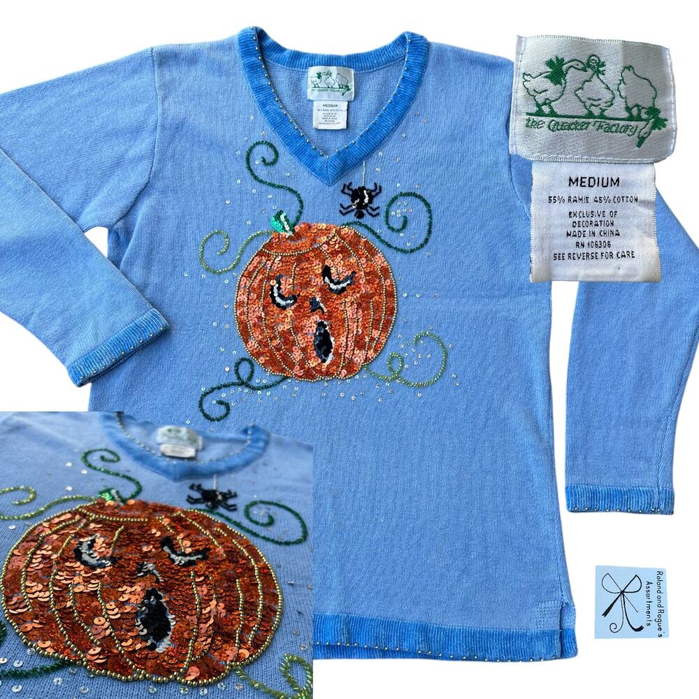 The Quacker Factory Cotton Blend Cozy Halloween Sequin and Beads Sweater Sz M